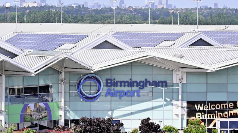Birmingham Airport name and logo on the passenger terminal facade