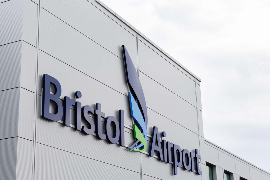 Bristol Airport branding on the passenger terminal exterior